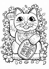 Coloring Neko Maneki Japan Cat Flowers Color Pages Cute Lucky Tattoo Beckoning Leaves Japanese Literally Elements Him Around Justcolor Adults sketch template