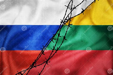 Grunge Flags Of Russian Federation And Lithuania Divided By Barb Wire