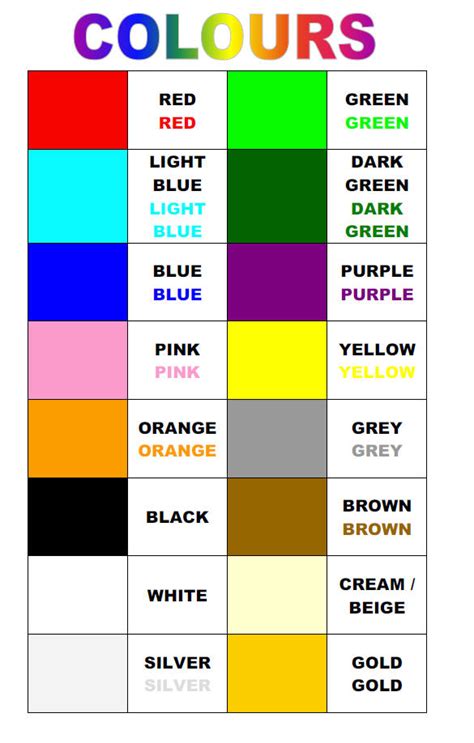 learning colours colour chart