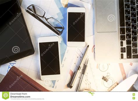 office desk  electronic devices stock image image  messy blank