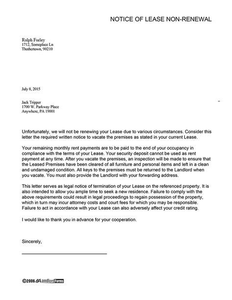 letter of not renewing lease free printable documents