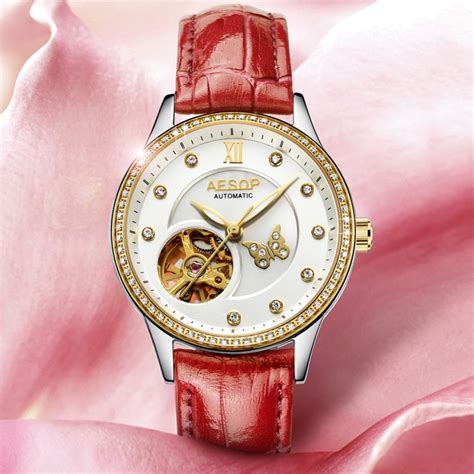 aesop brand automatic ladies watches hollow  dial leather female mechanical  women red