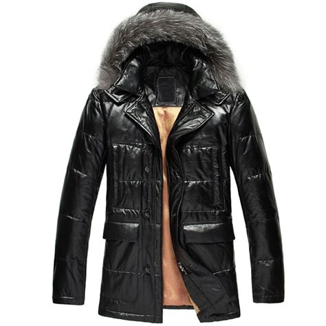 Mens Hooded Black Leather Down Jacket Cw848037