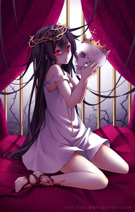 anime black hair creepy red eyes white dress thorns skull crown girl anime pinterest anime