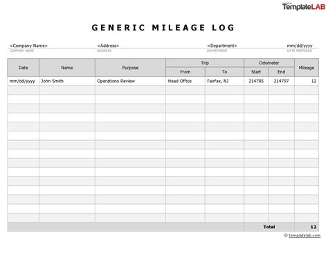 printable mileage log templates  templatelab