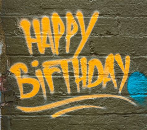 happy birthday graffiti greeting stock photo image  brick