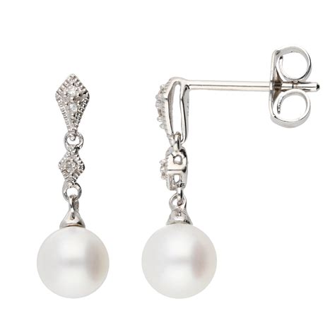 9ct White Gold Pearl And Diamond Drop Earrings Buy Online Free And