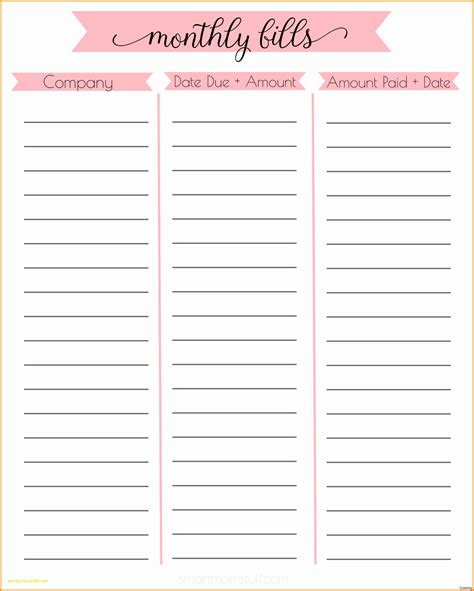 printable blank monthly bill spreadsheet template calendar design