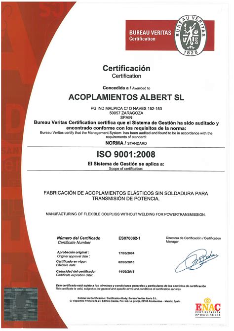 Certificado Calidad Iso 9001 Y Atex Acoplamientos Albert