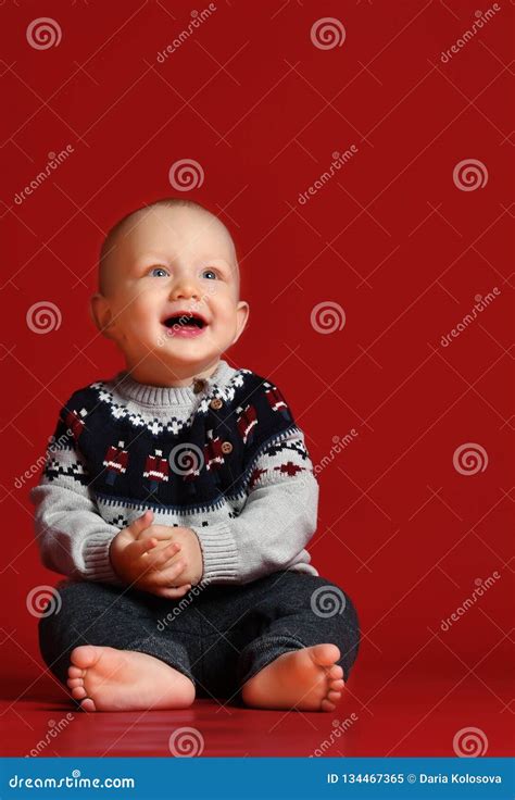 grappig weinig baby die warme gebreide kerstmissweater dragen bij studio op koude de winterdag