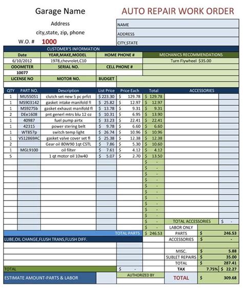 auto repair work order template   auto repair estimates