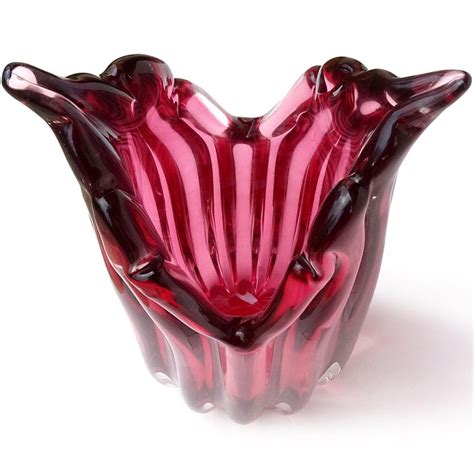 Murano Sommerso Deep Pink Italian Art Glass Ribbed Flared Wings Flower
