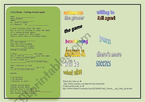 song carly simon coming around again esl worksheet by