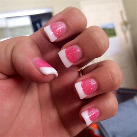 white tip  pink sparkle powder french acrylics french nails pink