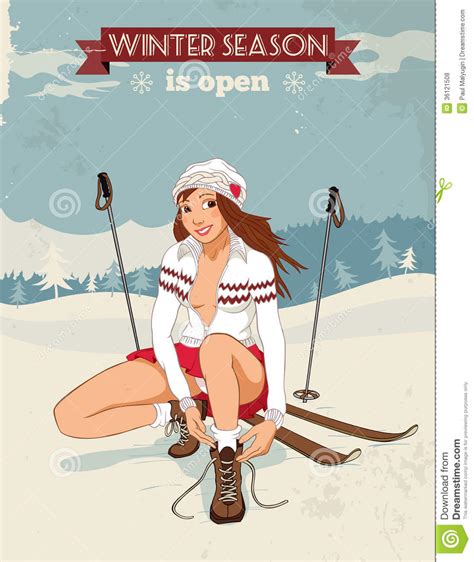 fille de goupille de vintage avec l affiche de skis photos libres de droits image 36121508