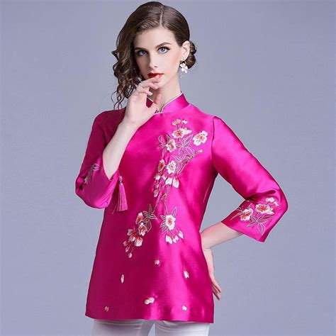 Floral Embroidery 3 4 Sleeve Cheongsam Top Chinese Jacket