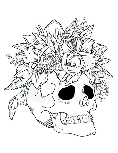 skull  flowers printable coloring page etsy canada