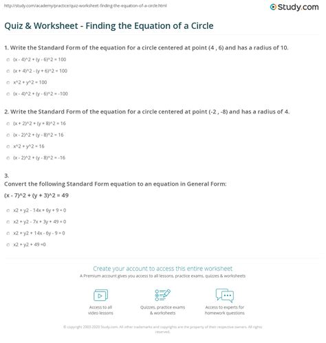 quiz worksheet finding  equation   circle studycom