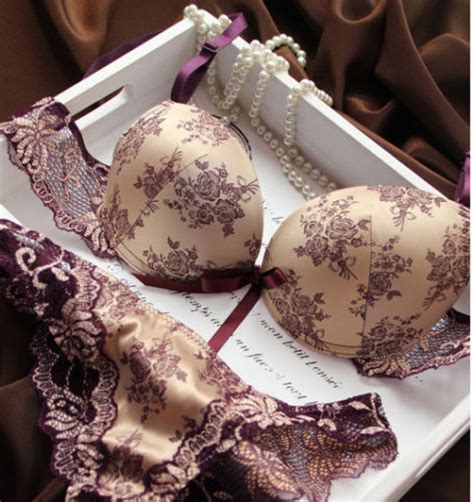 Womens Sexy Underwear Satin Print Lace Embroidery Bra Sets Panties B