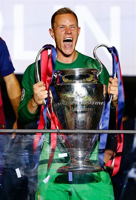 soc barcelonas marc andre ter stegen celebrates   trophy  winning  uefa