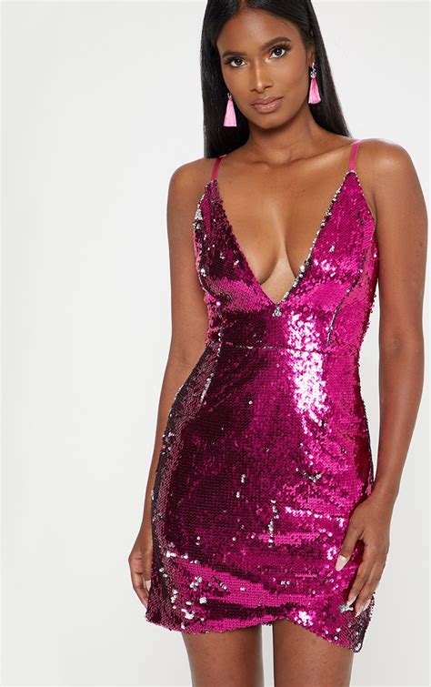 Hot Pink Wrap Front Sequin Bodycon Dress Prettylittlething Aus