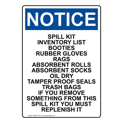 portrait osha spill kit inventory list booties sign onep