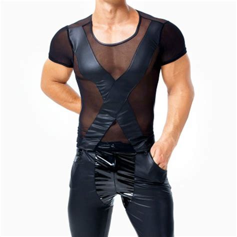 gothic men sheer mesh tops sexy black faux leather tee
