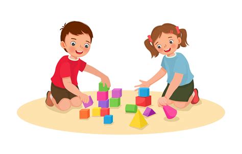 cute  kids boy  girl playing  building blocks educational