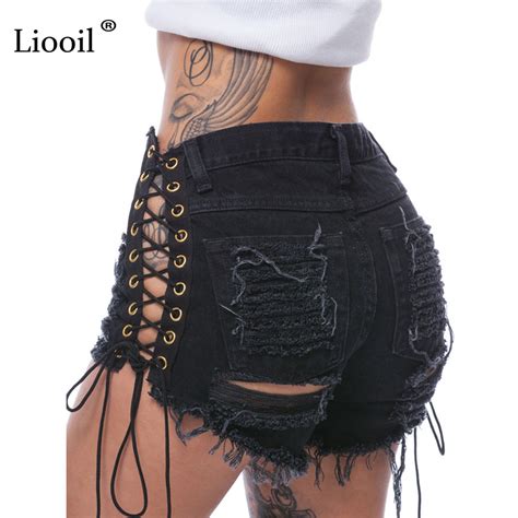 liooil lace up sexy denim shorts fashion mid waist black ripped tassel