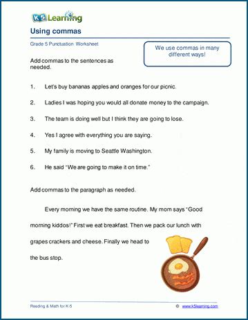 comma worksheets  learning
