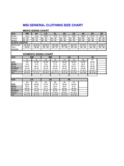 clothing size chart   templates   word excel