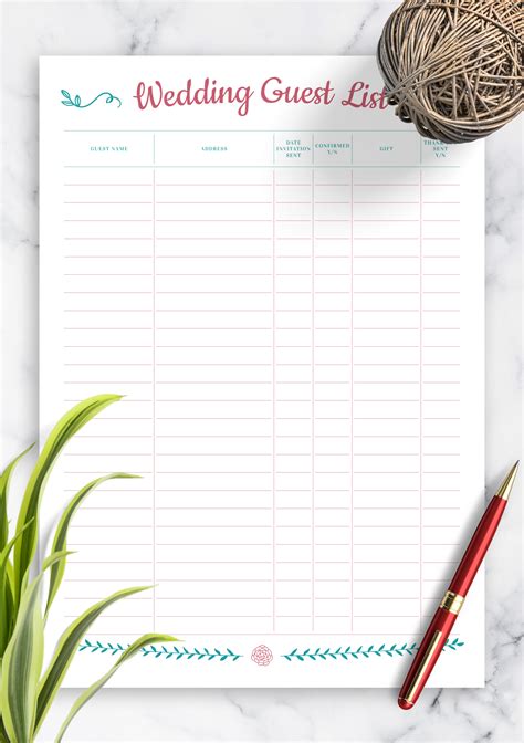 printable wedding guest list  gift section