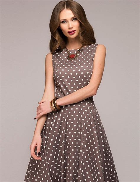 vintage polka dot sleeveless large swing coffee midi dress