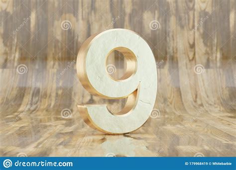 gold  number  golden number  glossy wet wooden background  rendered font character