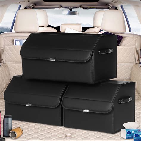 collapsible car trunk leather storage organizer  lid large multipurpose car storage box bin