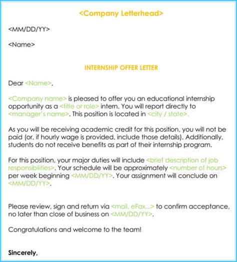 internship offer appointment letter template  samples formats