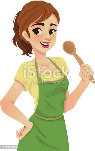 Cartoon Illustration Of A Woman With Green Apron And Spoon