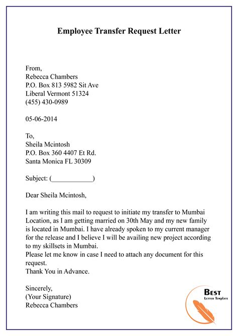 employee transfer request letter   letter template