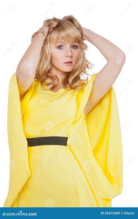 attractive blonde in yellow dress stock image image of female