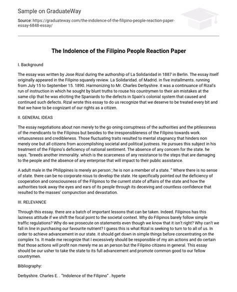 indolence   filipino people reaction paper analysis  essay