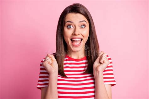 Photo Of Crazy Happy Brunette Straight Hair Lady Hands Fists Yelling