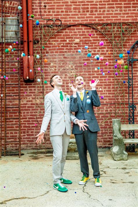 wedding gay same sex wedding grooms pompoms vintage