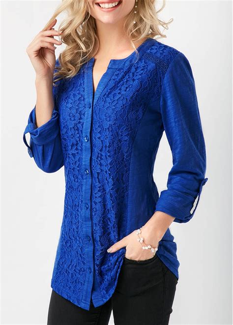 Button Up Royal Blue Roll Tab Sleeve Blouse Usd 30 95