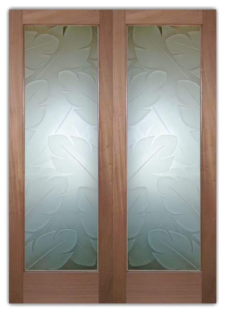 glass front entry doors frosted obscure etched glass banana leaves