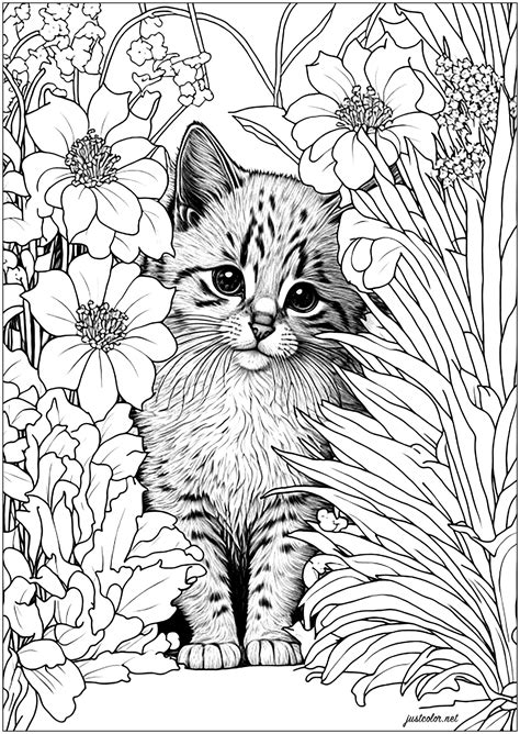 cute cat  flowers  justcolornet  adult printable