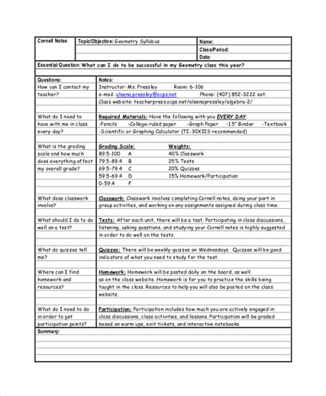 sample cornell note templates   ms word