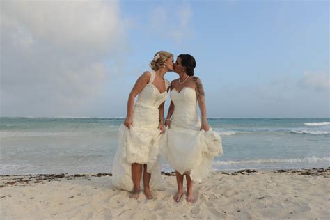 two brides sunset beach destination wedding mexico