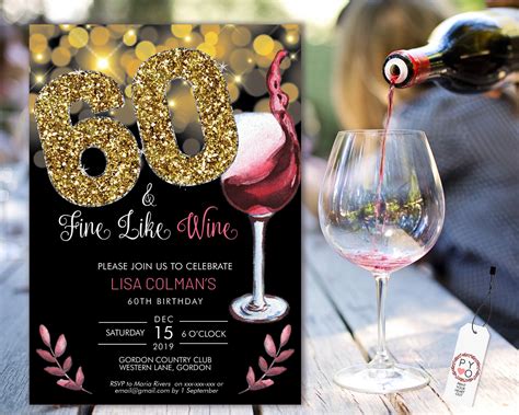 Diy 60th Birthday Wine Invitation Printable Template Black Etsy België