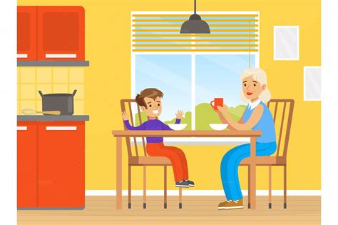 Grandmother And Grandson Eating Food Illustrations ~ Creative Market