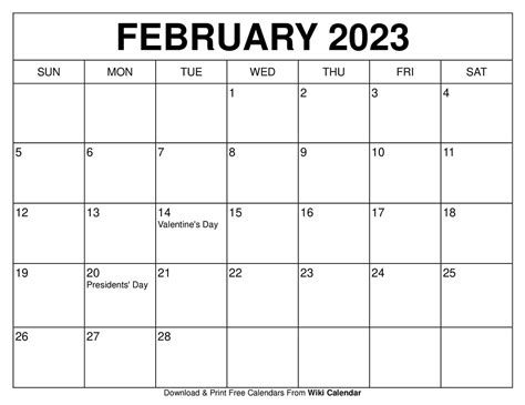 printable february  calendar templates  holidays wiki calendar